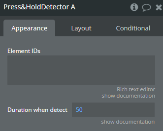 Element properties → Press&Hold Detector.