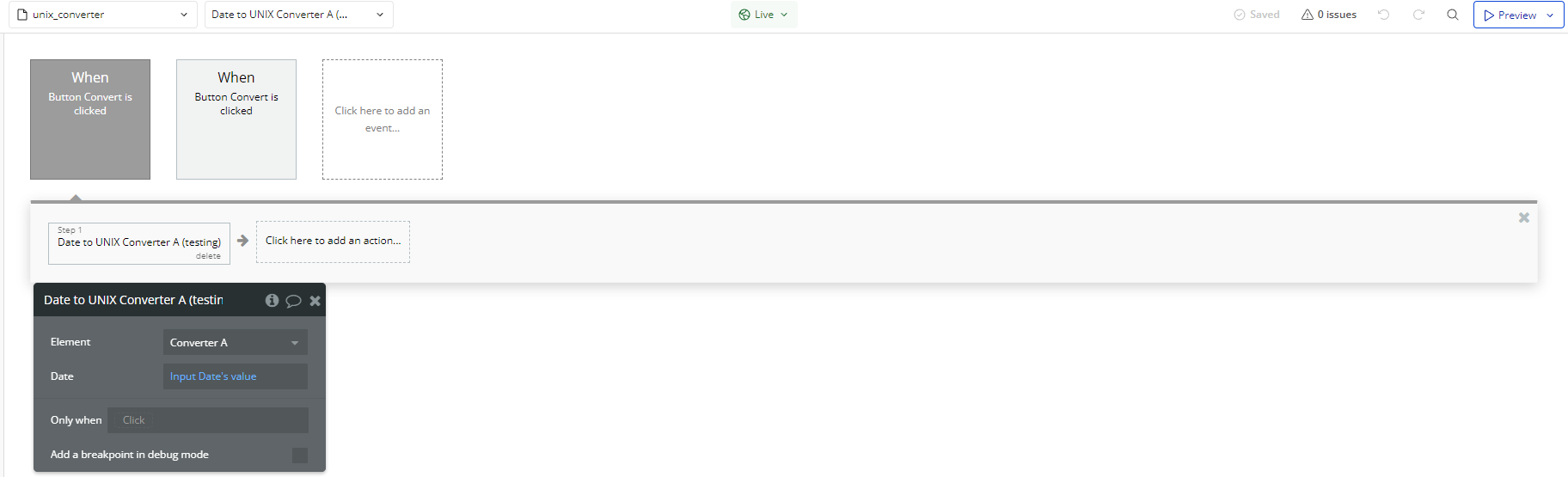 Workflow action → Date To UNIX A Converter.