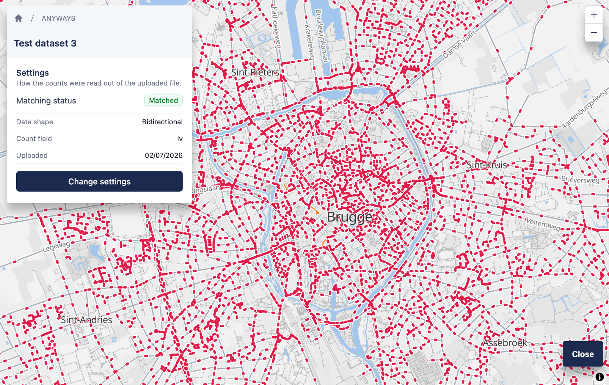 A dataset open on the map with matched counters visible, and the settings panel showing the overview.