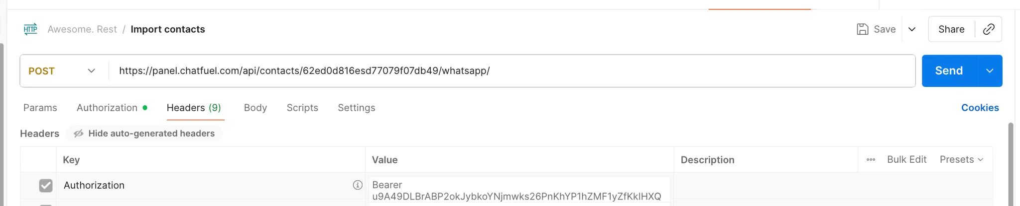 Cabeçalho com token da API no Postman