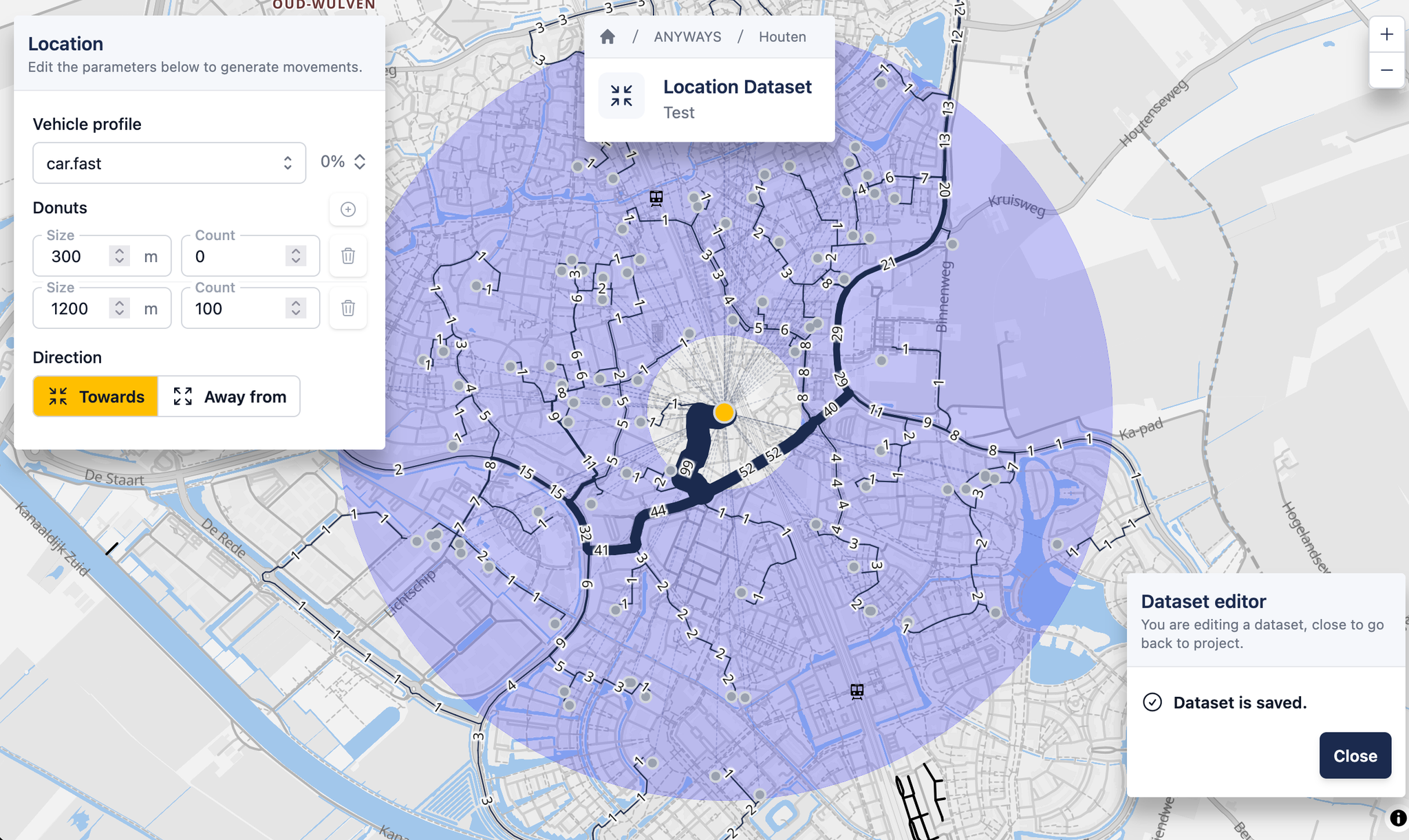A random locations dataset with everything configured and routes calculated.