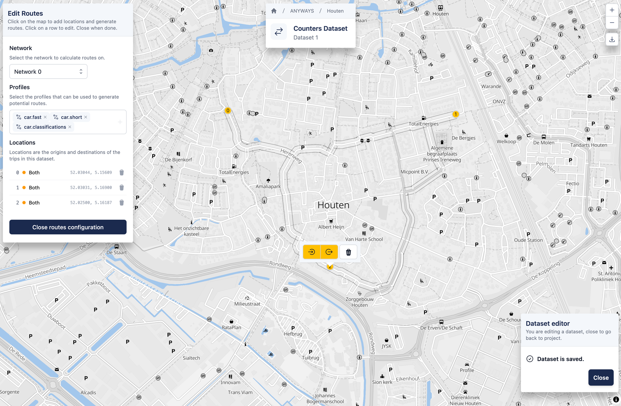 Editing routes with 3 locations setup and all car profiles selected.