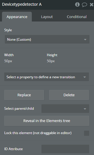 Element properties → Device type detector.