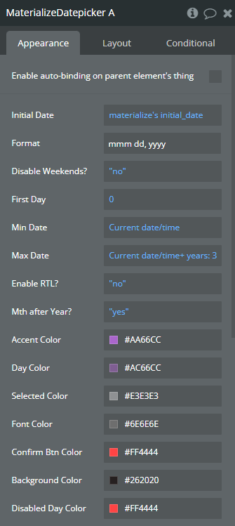 Element properties → Materialize Datepicker.