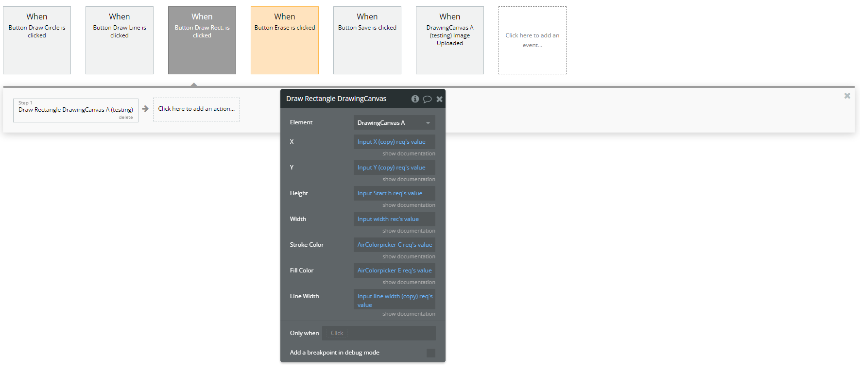 Workflow action → Draw Rectangle A Drawing Canvas.