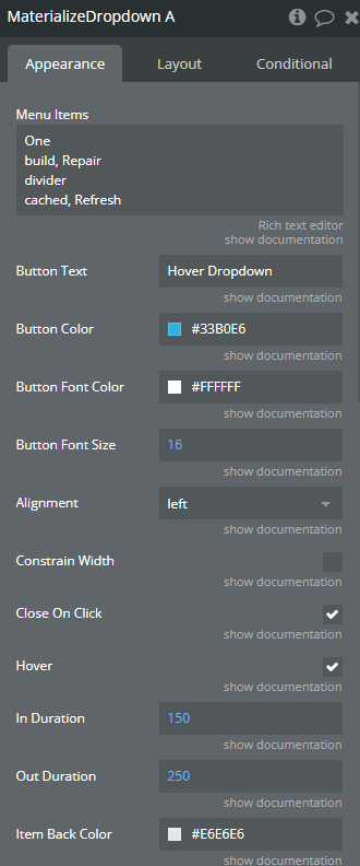 Element properties → Materialize Dropdown Part 1/2.