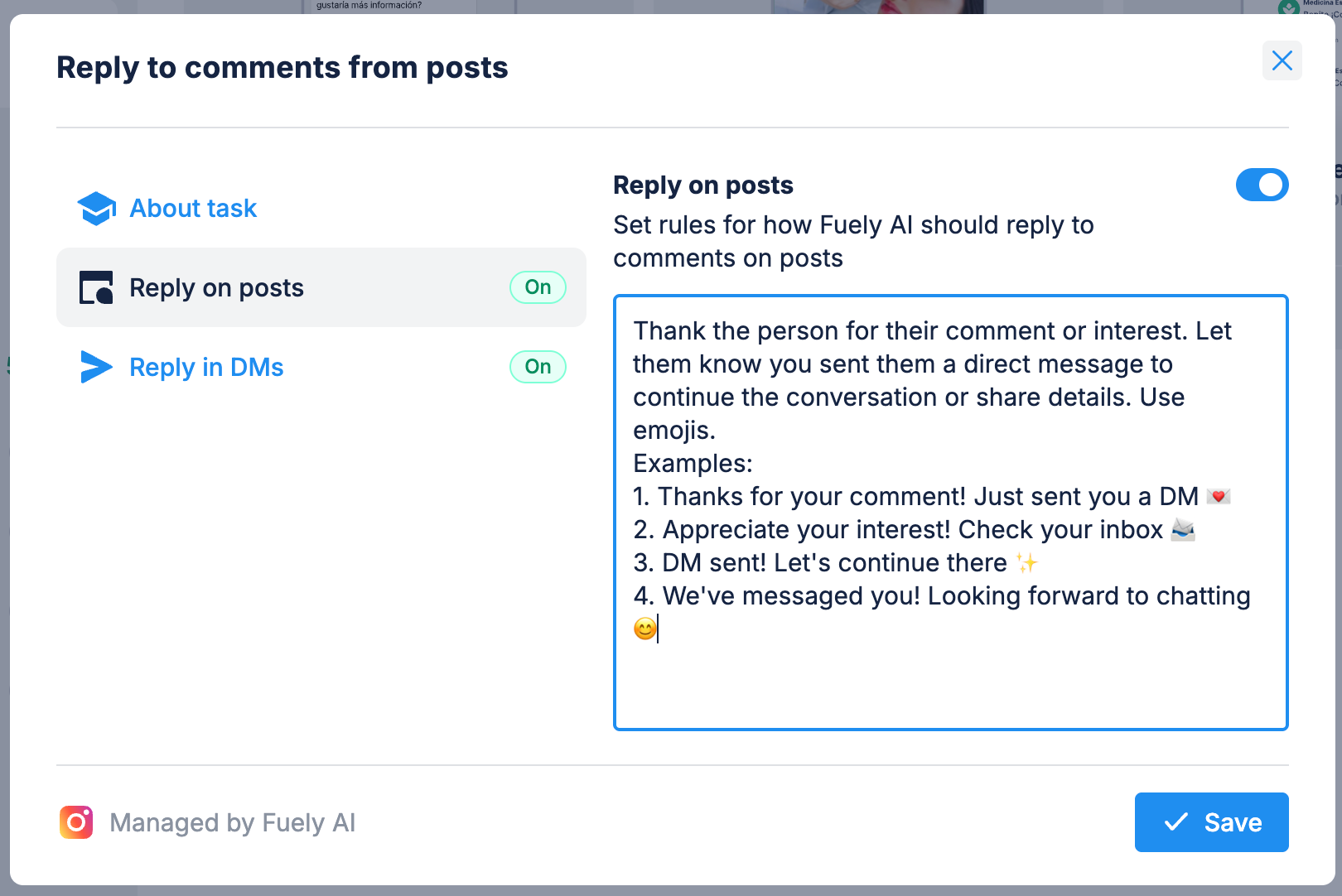 Configuración para Responder a comentarios de publicaciones