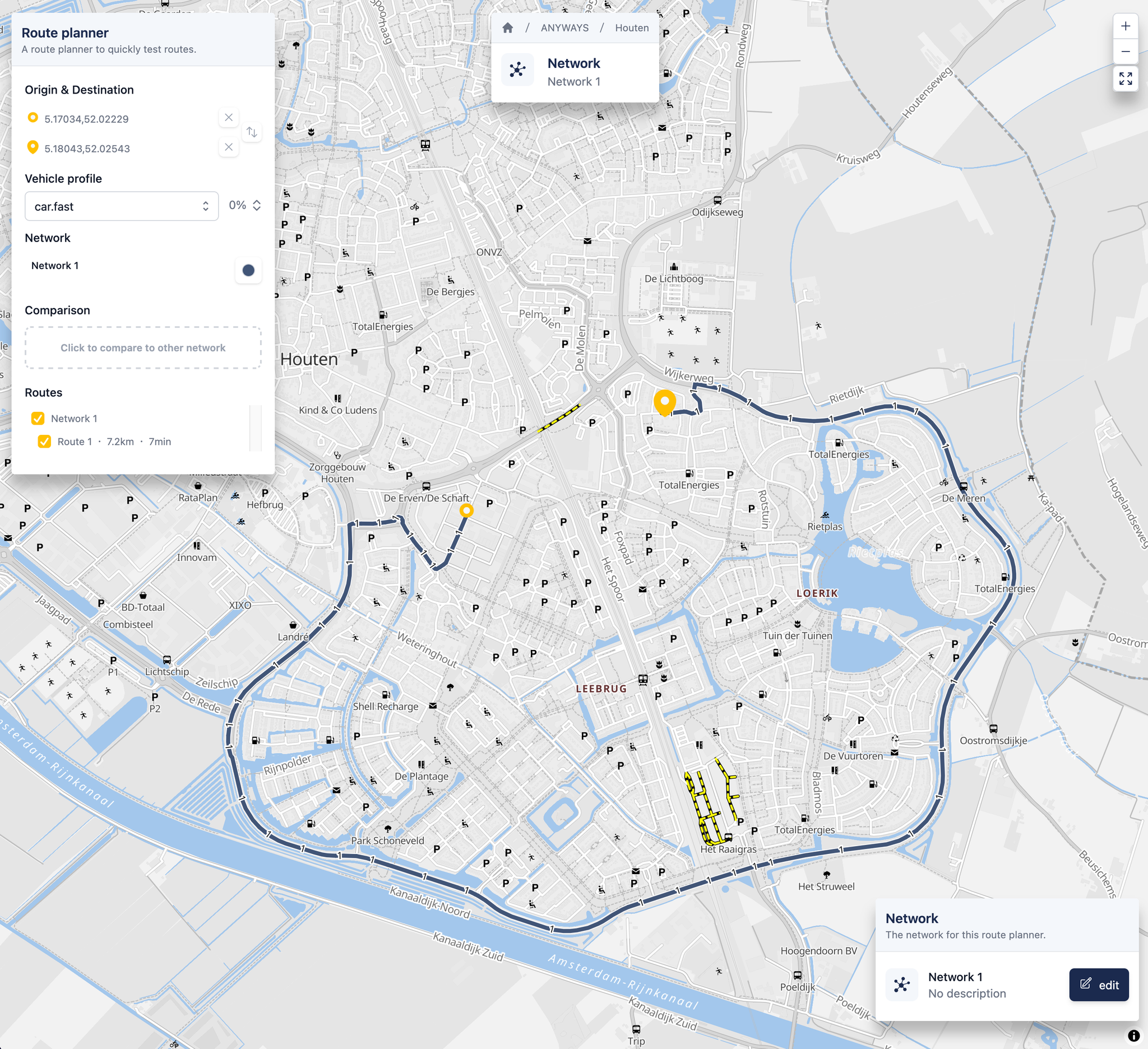 The route planner with a single route shown.