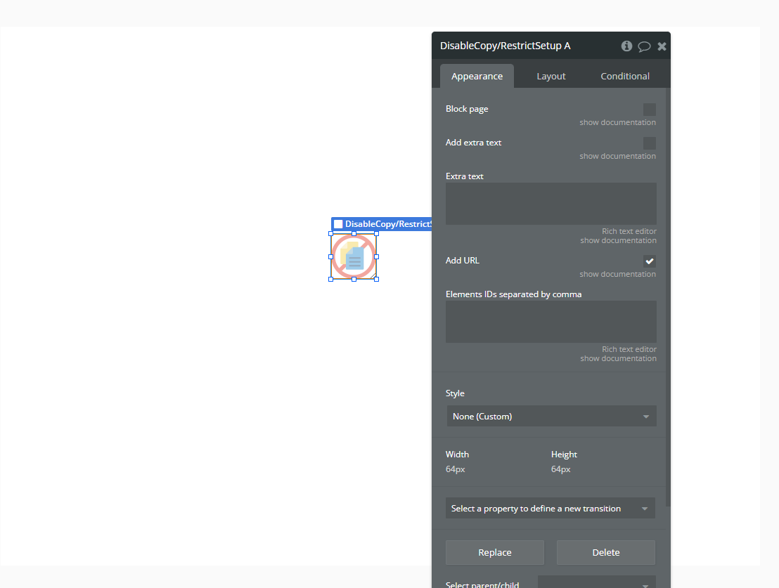 Element → Disable Copy/Restrict Setup.