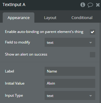 Element properties → Text Input.