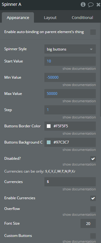 Element properties → Spinner.