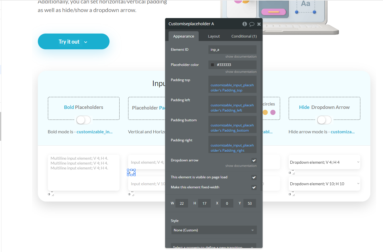 Element → Customiseplaceholder.