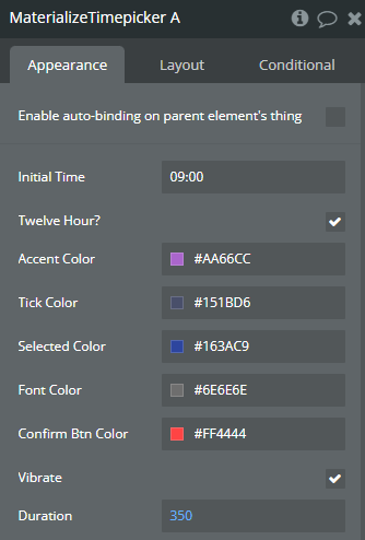 Element properties → Materialize Timepicker.