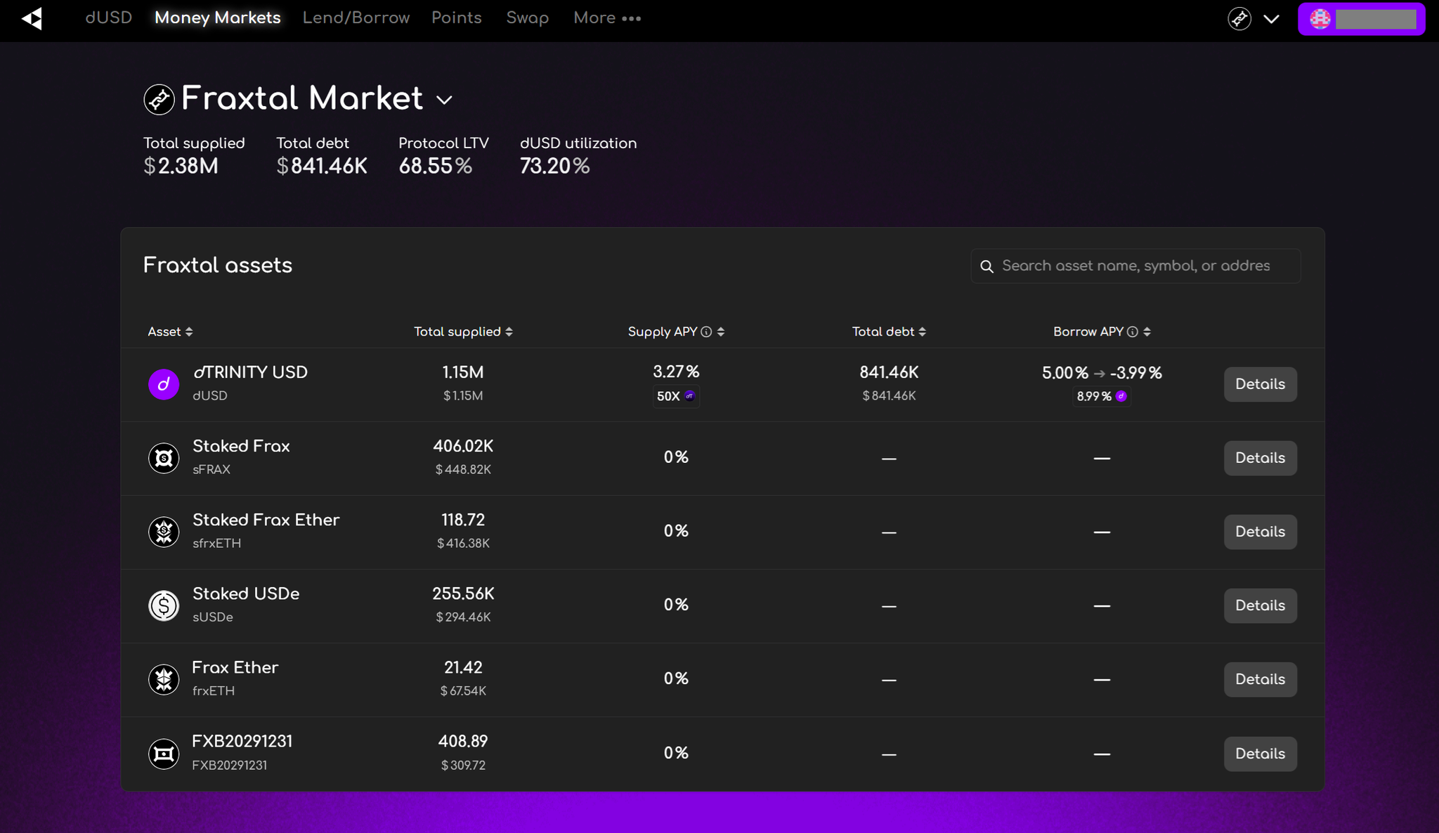 dLEND user interface (app.dtrinity.org/dlend/money-markets)