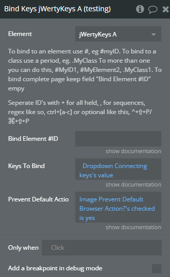 Workflow action → Bind Keys.