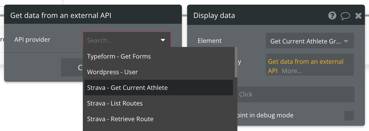 Select "Get data from external API" from the list of data sources, then find Strava - Get Current Athlete from the list of API providers