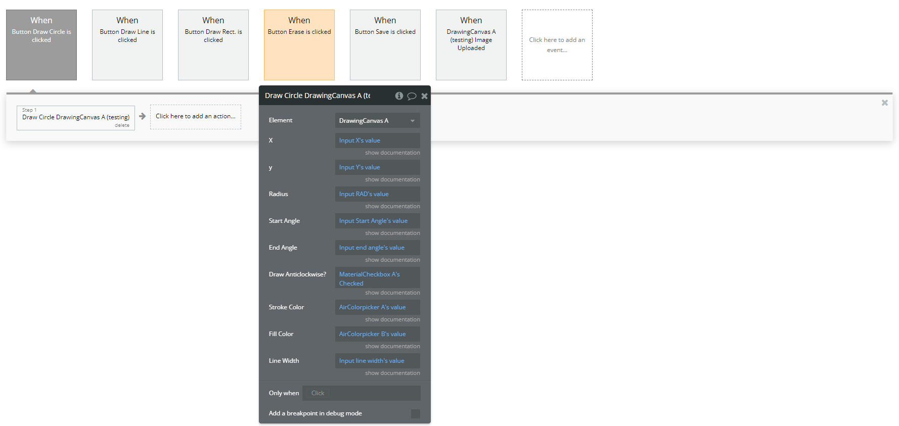 Workflow action → Draw Circle A Drawing Canvas.