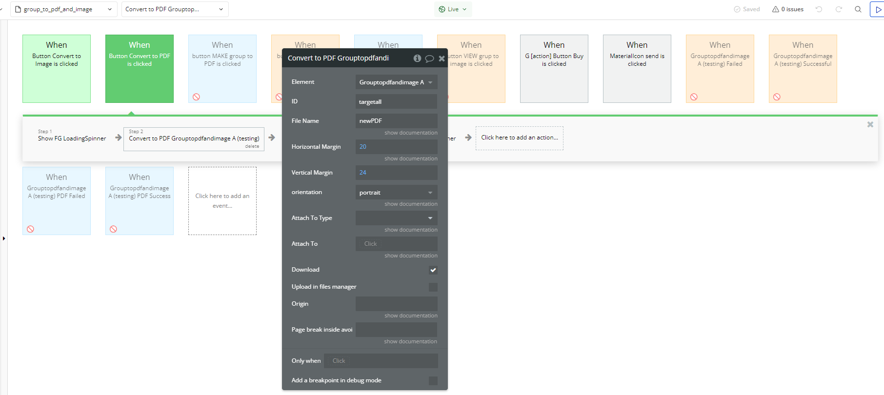 Workflow action → Convert to PDF A Group to PDF and Image.