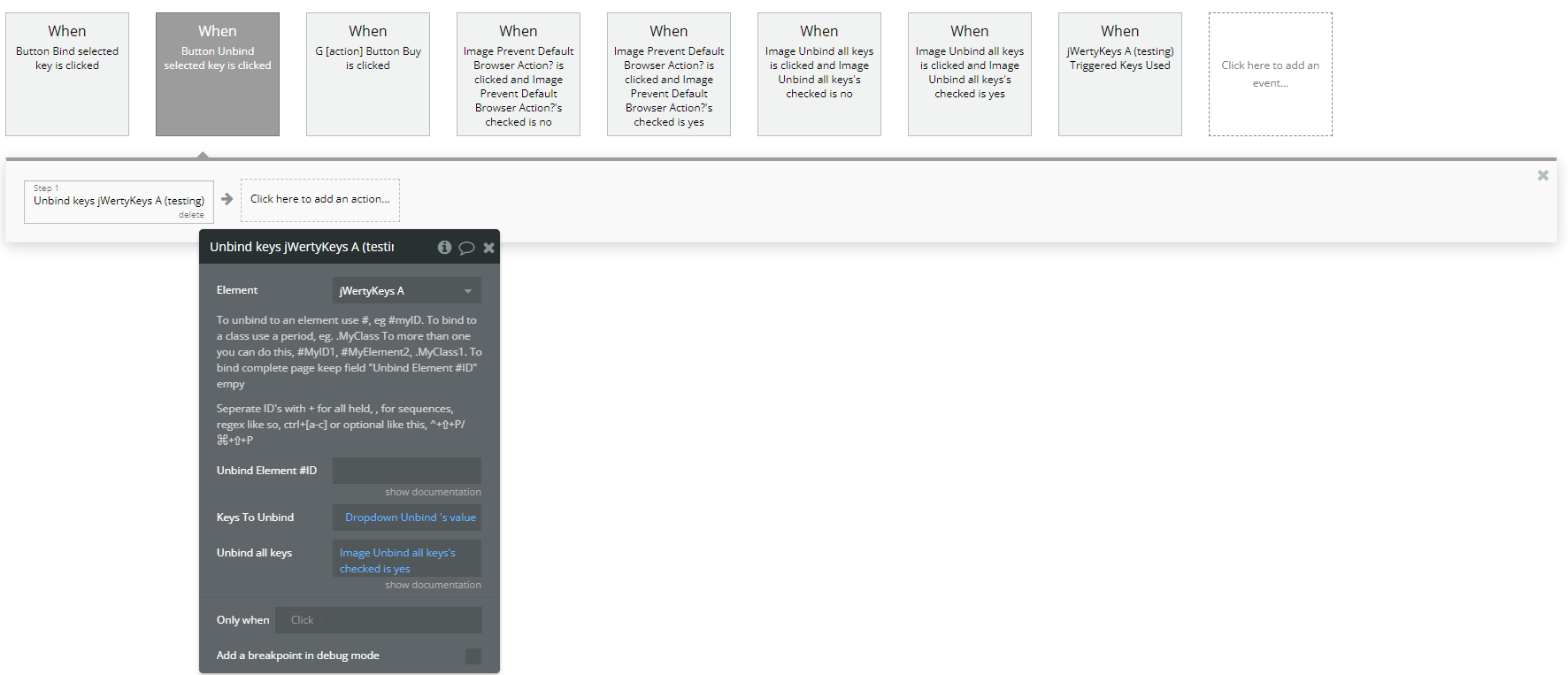 Workflow action → Unbind Keys A JWerty Keys.