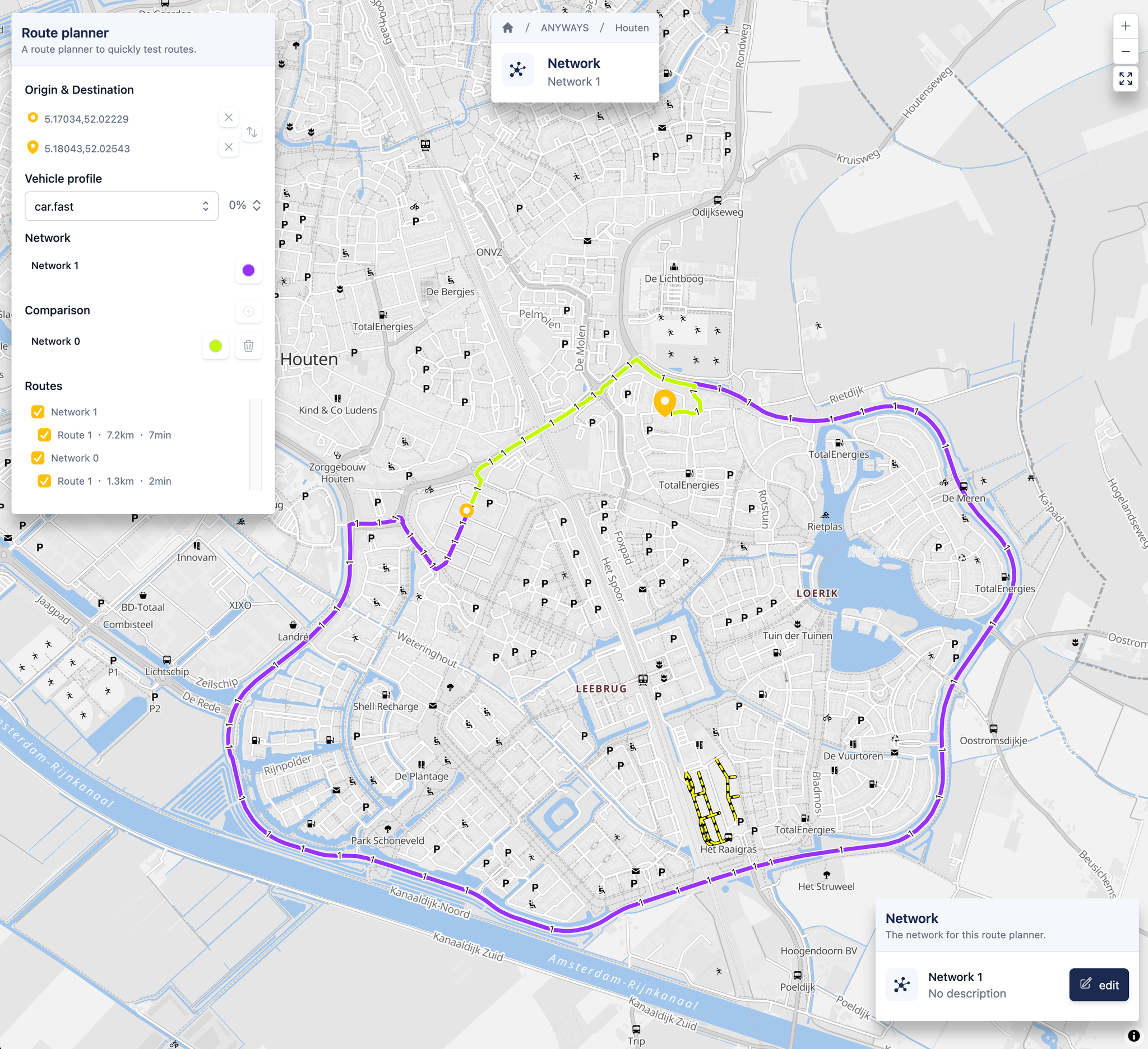 The route planner with two different routes being compared between Network 0 and Network 1.