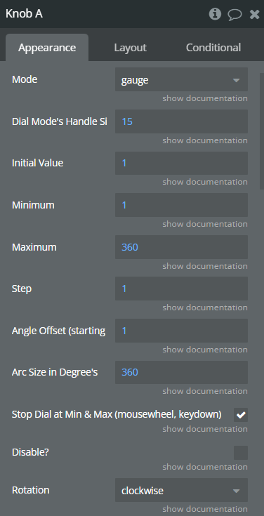 Element properties → Knob.