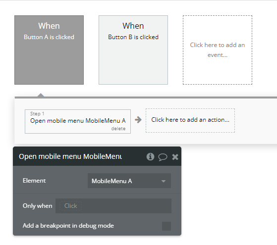 Workflow action → Open Mobile Menu A Mobile Menu.