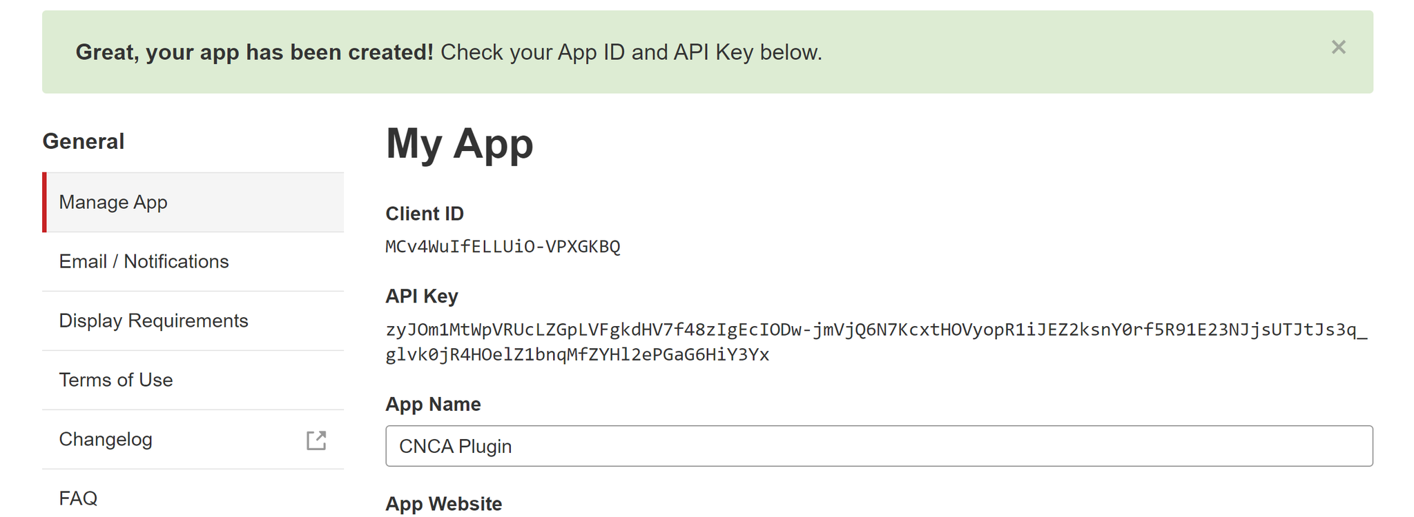 New API Key created in Yelp app settings