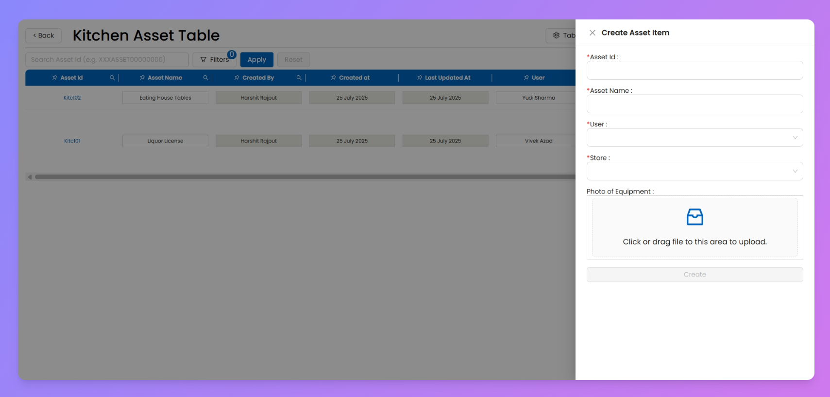In this image
1) Custom ID is enabled
2) Assignment is set to Limited with both User and Store configured
3) One custom field is added — Photo of Equipment.