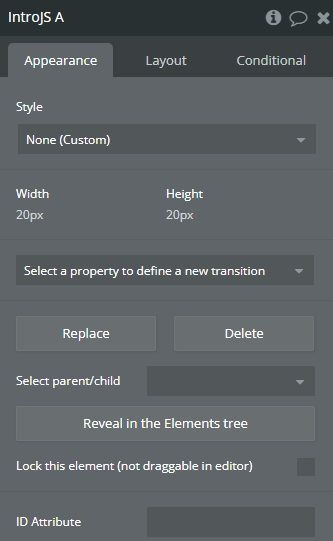 Element properties → IntroJS. 