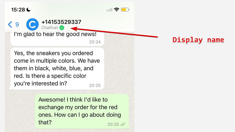 Nombre de visualización debajo de tu número de teléfono en WhatsApp messenger