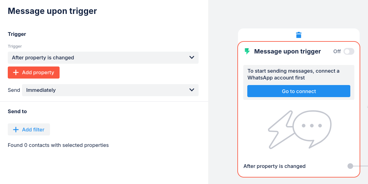 Configuraciones para mensaje de difusión por disparador