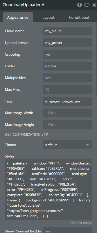 Element properties → Cloudinary Uploader.
