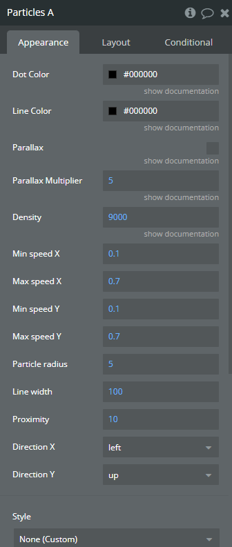 Element properties → Particles.