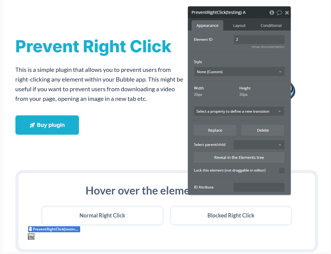 Element → Prevent Right Click.