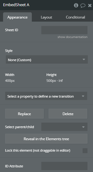 Element properties → Embed Sheet.
