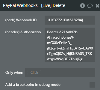 Plugin action call → [Live] Delete Webhook.