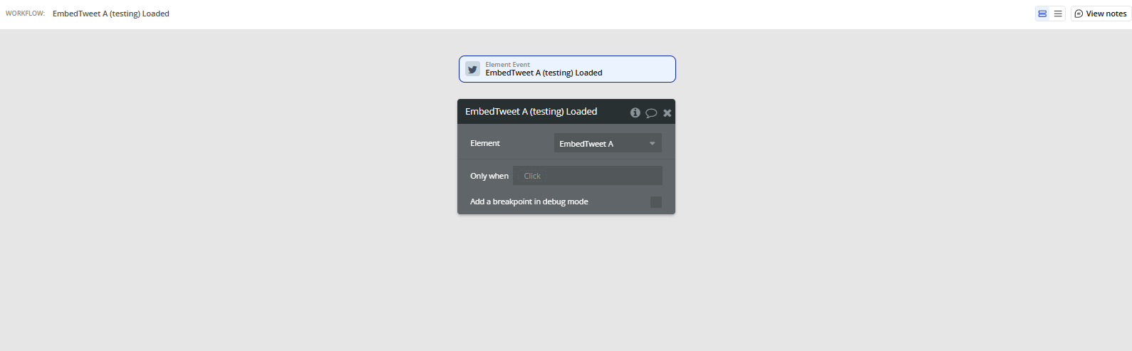Workflow action → A Embed Tweet Loaded.