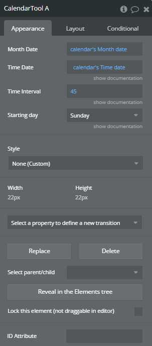 Element properties → Calender Tool.