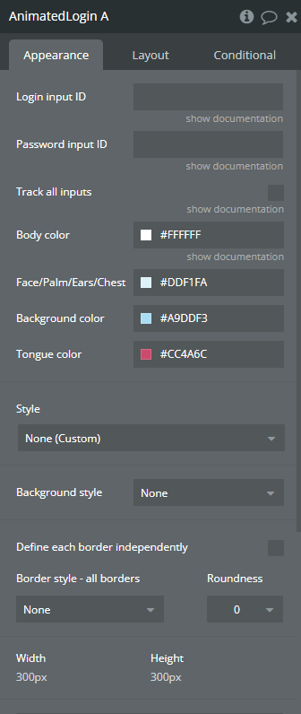Element properties → Animated Login.