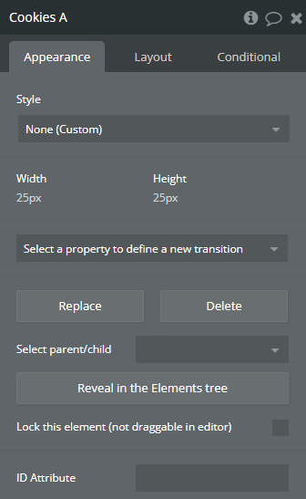 Element properties → Cookies.