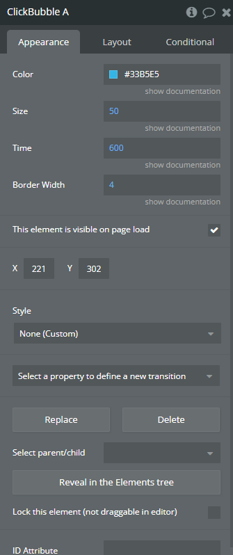Element properties → Click Bubbles