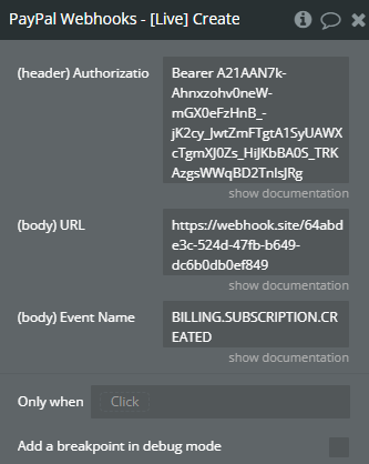 Plugin action call → [Live] Create Webhook.