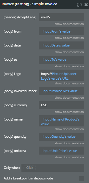 Action call → Simple invoice without tax