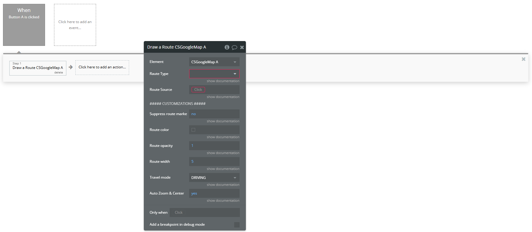 Workflow action → Draw a Route.
