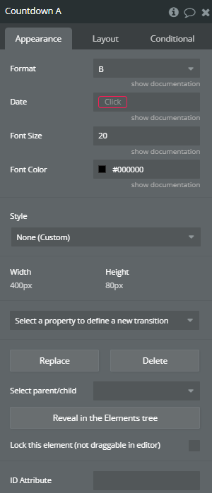 Element properties → Countdown.