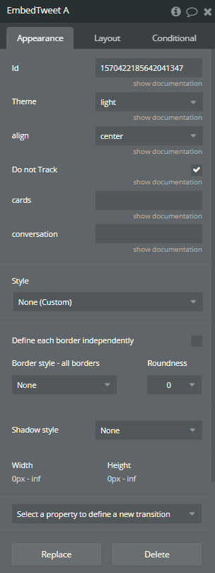 Element properties → Embed Tweet.