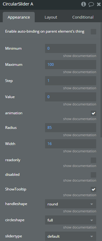 Element properties → Circular Slider.