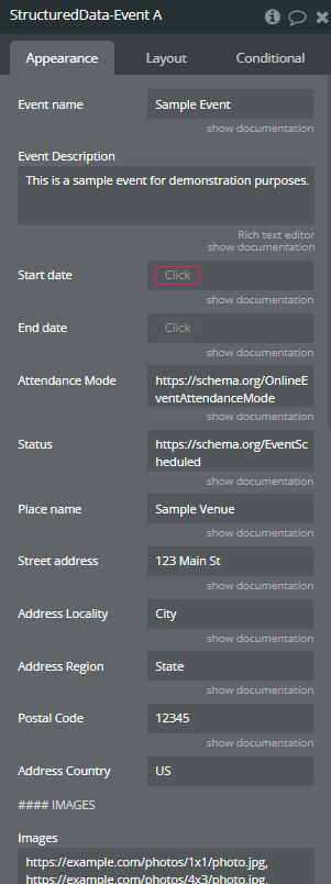 Element properties → Structured Data - Event.