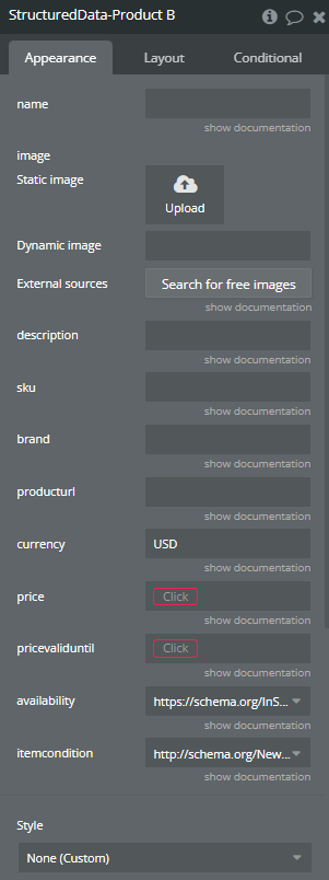 Element properties → Structured Data - Product.