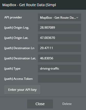 Plugin data → MapBox - Get Route Data (Simple)